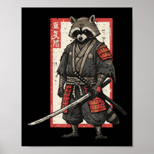Póster Racoon Samurai Katana Hombres guerreros japoneses 