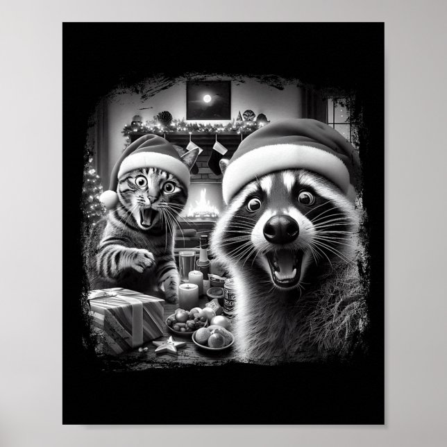 Póster Racoon Santa Funny Cat Taking Selfie Christmas Xma (Frente)