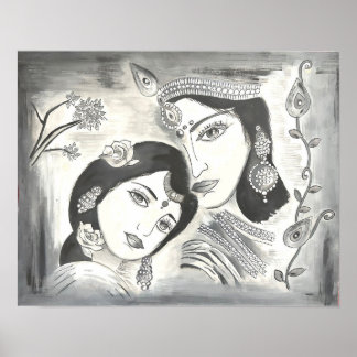 Póster Radha Krishna blanco y negro