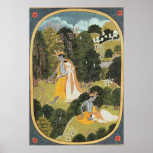 Póster Radha y Krishna que caminan en una arboleda