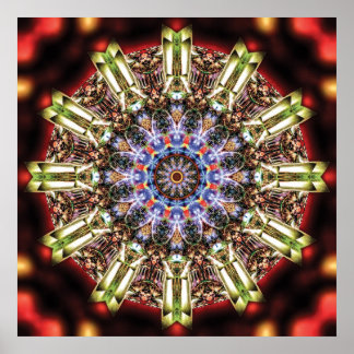Póster Radiant Kaleidoscopic Mandala in Crimson and Gold