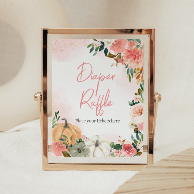 Póster Raffle de calabaza floral rosa otoño (Autumn Floral Pumpkin Baby Shower Diaper Raffle Sign)