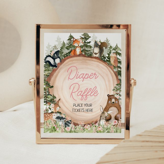 Póster Raffle de leña floral de madera (Floral Woodland Animals Baby Shower Diaper Raffle Sign)