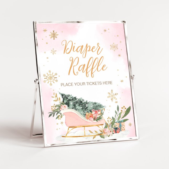 Póster Raffle de nevado de oro rosado de invierno (Pink Sleigh Baby Shower Diaper Raffle Sign)