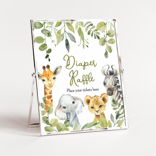Póster Raffle de pañales de Safari salvaje de una jungla (Greenery Animals Baby Shower  Diaper Raffle)