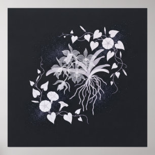 Póster Raíces de orquídea blanca corazón hoja enredaderas