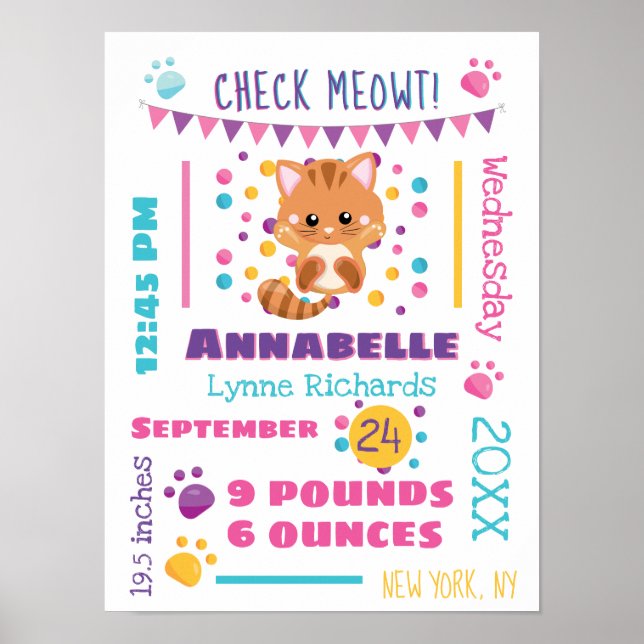 Póster Rainbow Confetti Cute Kitty Cat Baby Stats (Frente)