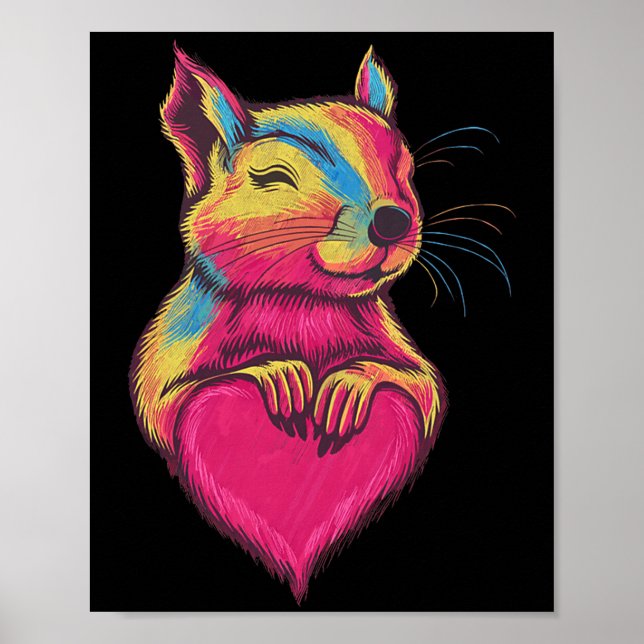 Póster Rainbow Cute Squirrel Hugging Valentine Heart Love (Frente)