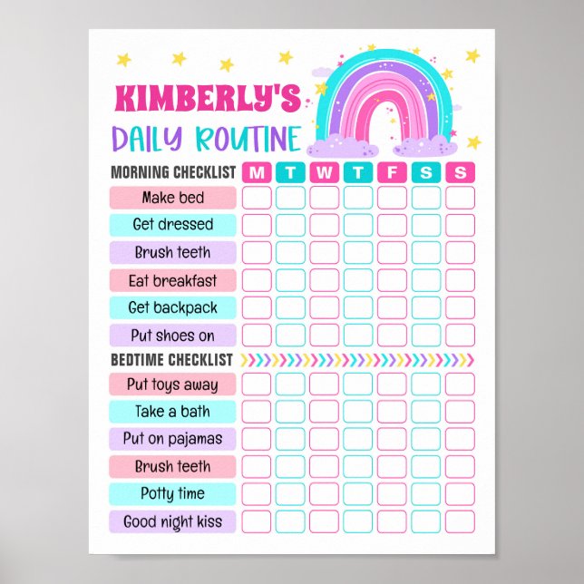 Póster Rainbow Girl Daily Routine, Kid Everyday Checklist (Frente)