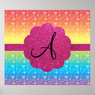 Póster Rainbow hearts pink glitter monogram