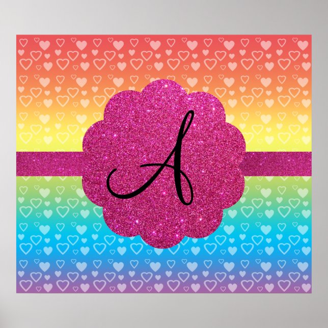 Póster Rainbow hearts pink glitter monogram (Frente)