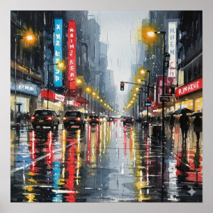 Póster Rainy City Street Watercolor