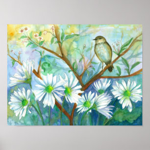 Póster Rainy Day Bird Daisy Flower Garden Watercolor