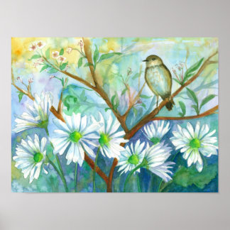 Póster Rainy Day Bird Daisy Flower Garden Watercolor