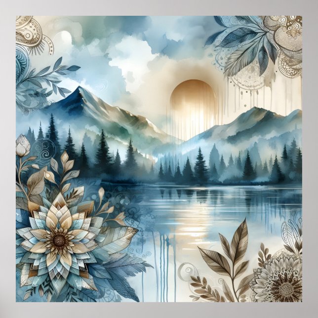 Póster Rainy Day Watercolor Mountain Lake Rustic Boho (Frente)