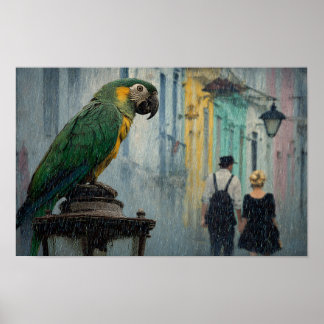 Póster Rainy Romance with Parrot – Parrot on Lamp in Rain