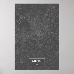 Póster Raleigh, Carolina del Norte (blanco sobre negro)