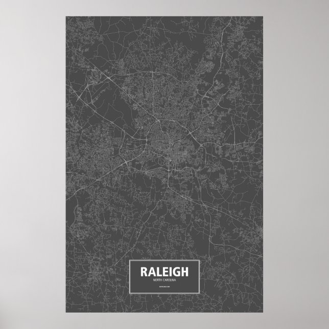 Póster Raleigh, Carolina del Norte (blanco sobre negro) (Frente)