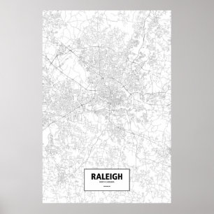 Póster Raleigh, Carolina del Norte (negro sobre blanco)