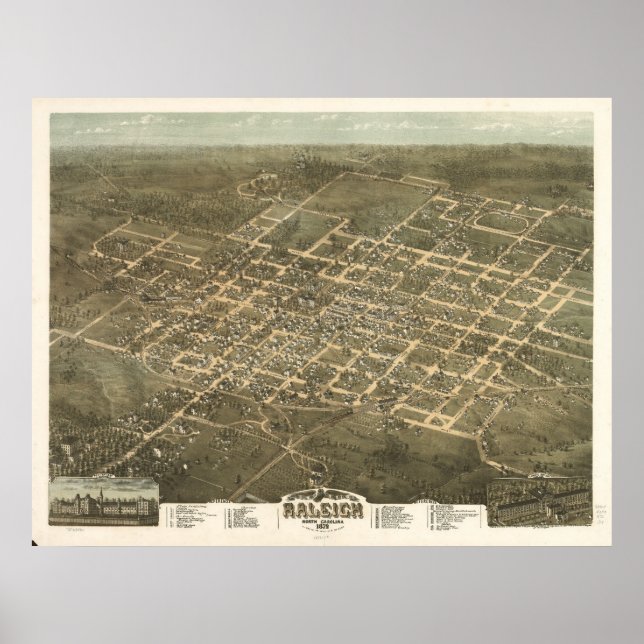 Póster Raleigh, NC Birds View Panoramic Map 1872 (Frente)