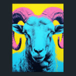 Póster Ram audaz: Neon Pop Art<br><div class="desc">Este impactante retrato de carnero combina tonos de neón y estética de arte pop para crear una fascinante pieza central. Con su paleta azul,  rosa y amarilla,  esta obra irradia confianza y sofisticación moderna. Perfecto para los amantes de la decoración de inspiración animal con un toque contemporáneo.</div>