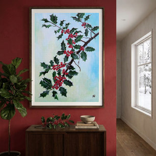 Póster Rama de acebo en la nieve del invierno de Alfred F