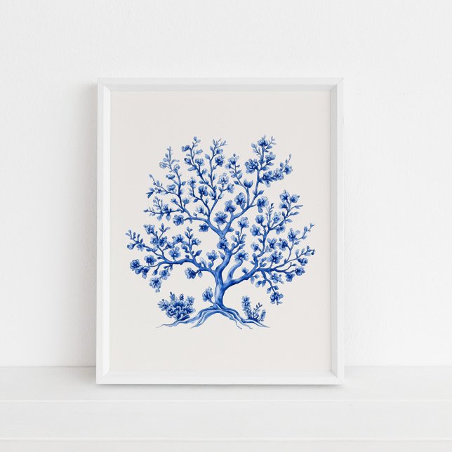 Póster Rama de coral azul - Azul costero en beige (Blue Coral Branch – Coastal Blue on Beige Poster in a white frame on the floor)
