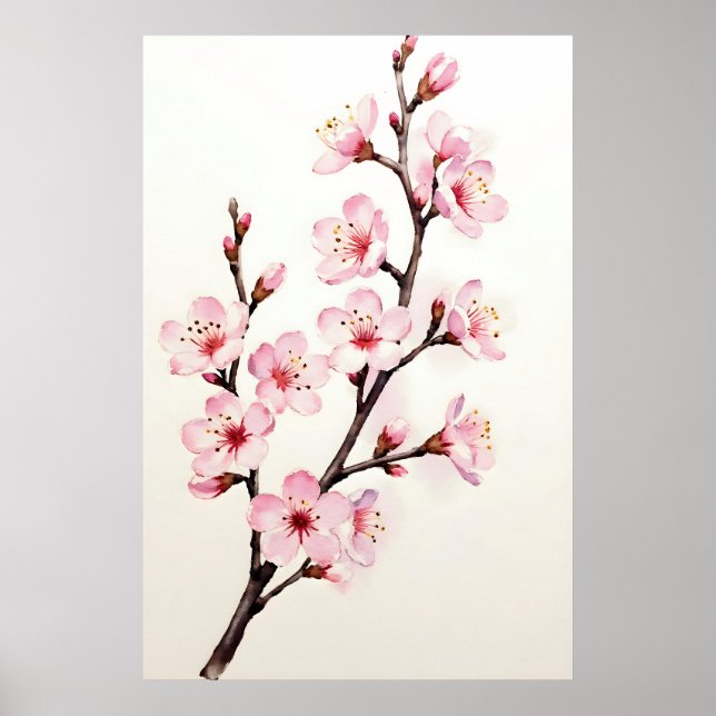 Póster Rama de flor de cerezo acuarela (Frente)