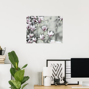 Póster Rama de magnolia rosa dibujando fondo negro gris