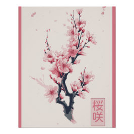 Póster rama del cerezo japonés con flores sakura