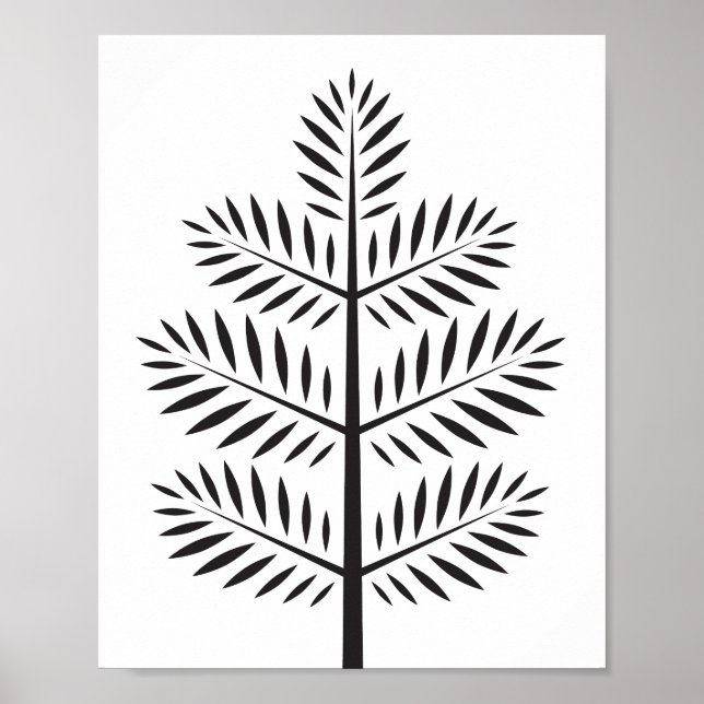 Póster Rama Tropical Botánica Elegante de Blanco Negro (Frente)