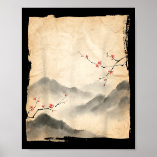 Póster Ramas de flor de cerezo Pintura de tinta japonesa