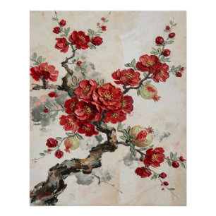 Póster Ramas de Granada Flores Rojas Pintura al Óleo Arte