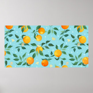 Póster Ramas de naranjas con flores sobre fondo azul