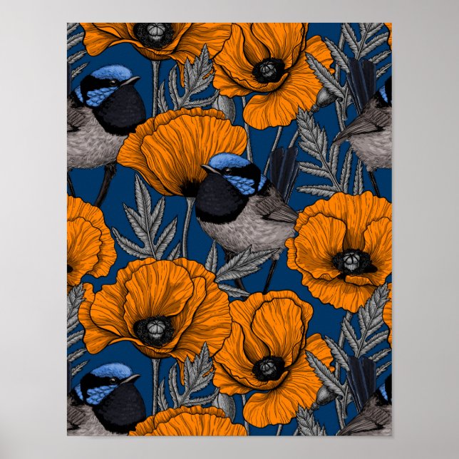 Póster Ramblas de hadas y flores de amapola naranja (Frente)