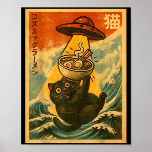 Póster Ramen de gato divertido anime japonés Ovni hombres