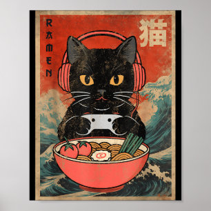 Póster Ramen de gato japonés divertido gráfico kawaii ani