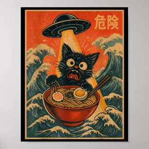 Póster Ramen Gato Negro Alien Ufo Divertido Japonés Kawai