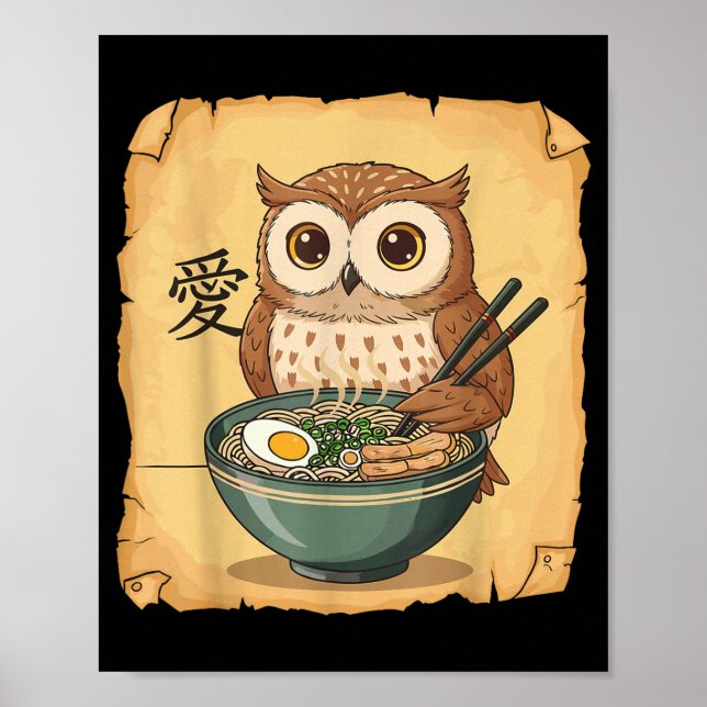 Póster Ramen Owl Noodle Kawaii Lover Japanese Funny Graph (Frente)