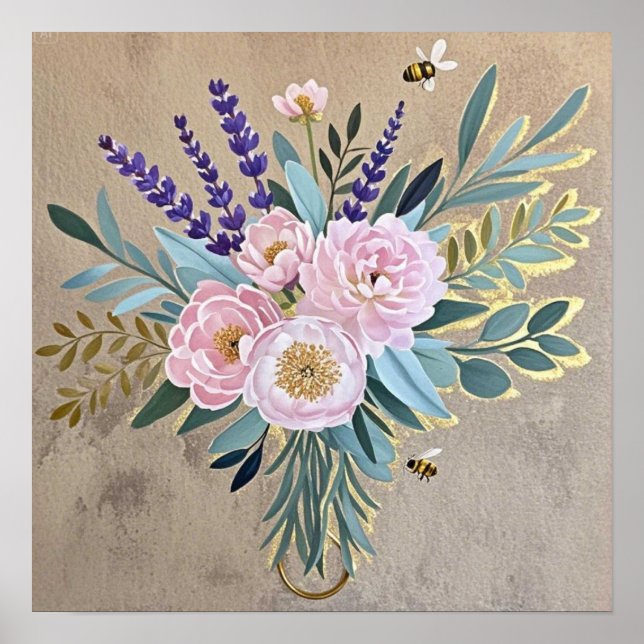 Póster Ramillete peonías flores lavanda Rústico (Frente)