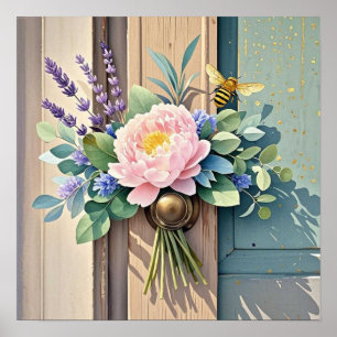 Póster Ramillete peonías flores lavanda Rústico