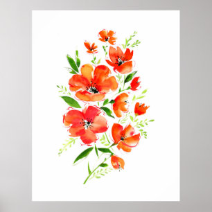 Póster Ramo acuarela de flores ornamentales de amapola