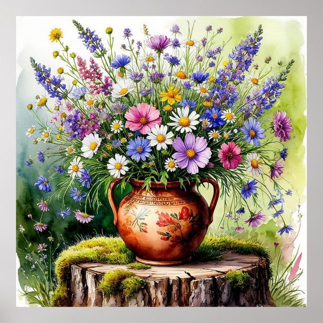 Póster Ramo de acuarela de flores silvestres en jarrón (Frente)