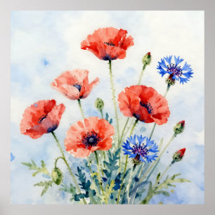 Póster Ramo de amapola roja acuarela y aciano azul