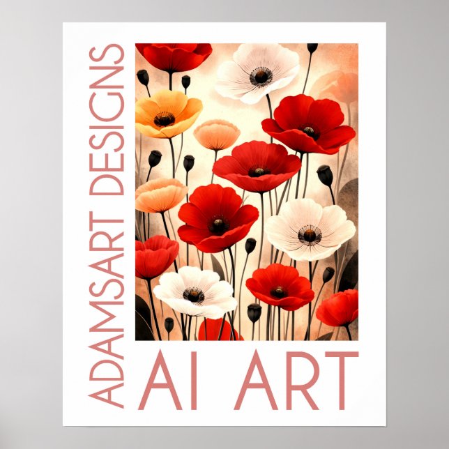 Póster Ramo de amapolas en negrita – Floral roja, blanca  (Frente)