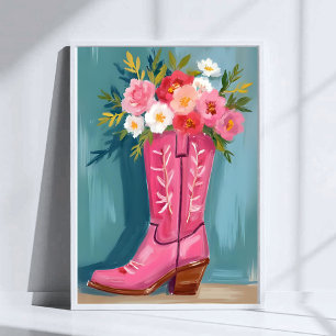 Póster Ramo de flores de bota de vaquera rosa acuarela