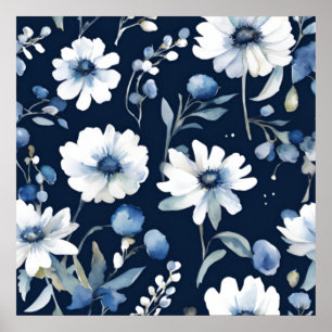 Póster Ramo de Flores Elegante Acuarela Azul