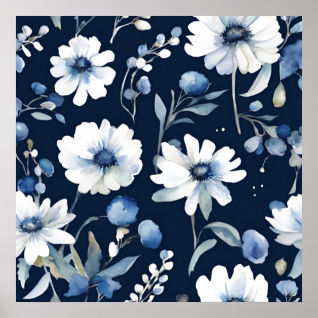 Póster Ramo de Flores Elegante Acuarela Azul (Frente)