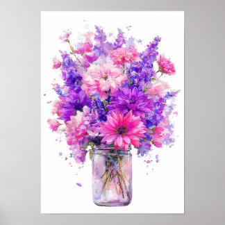 Póster Ramo de flores púrpura rosa en acuarela en frasco