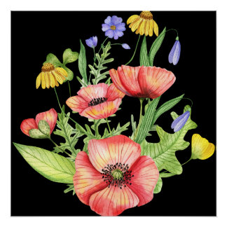 Póster Ramo de flores silvestres botánicos Arte acuarela